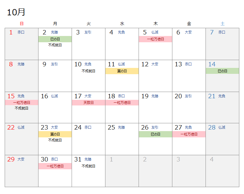 2023年10月開運カレンダー