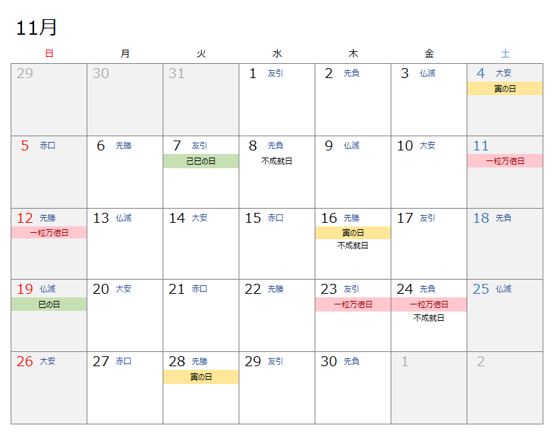 2023年11月開運カレンダー