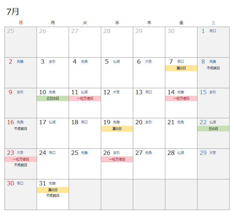 2023年7月開運カレンダー