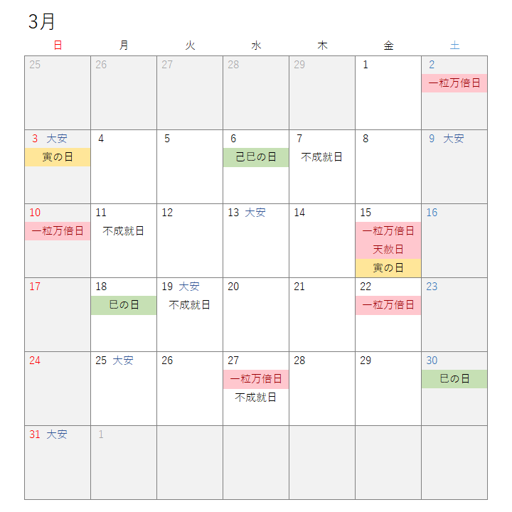 2024年3月開運カレンダー