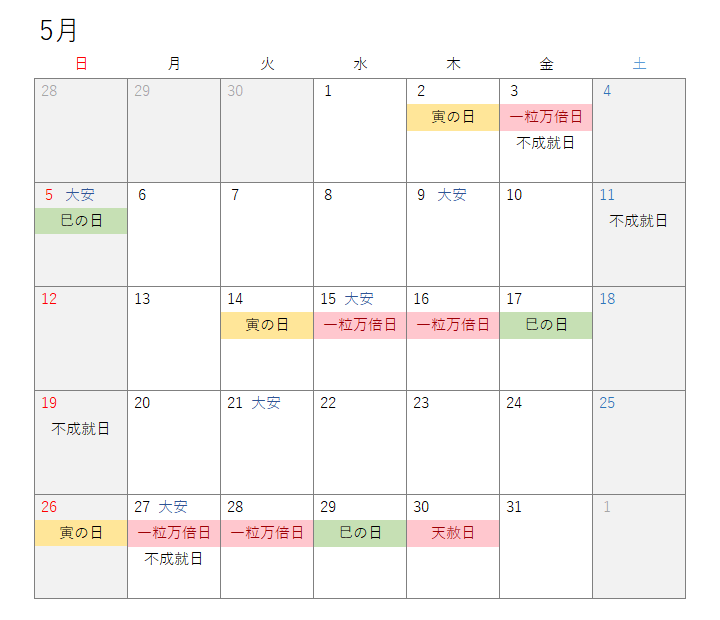 2024年5月開運カレンダー