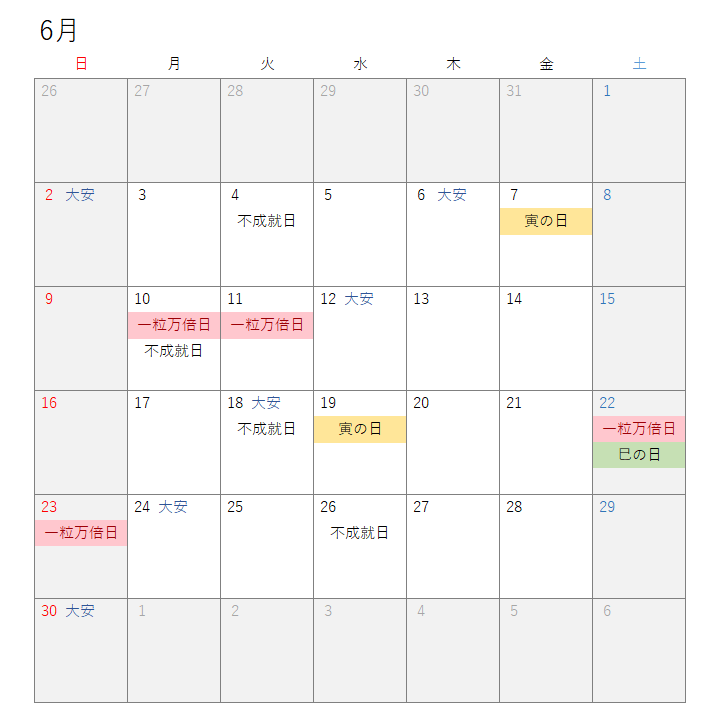 2024年6月開運カレンダー