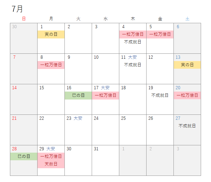 2024年7月開運カレンダー