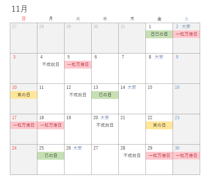2024年11月開運カレンダー