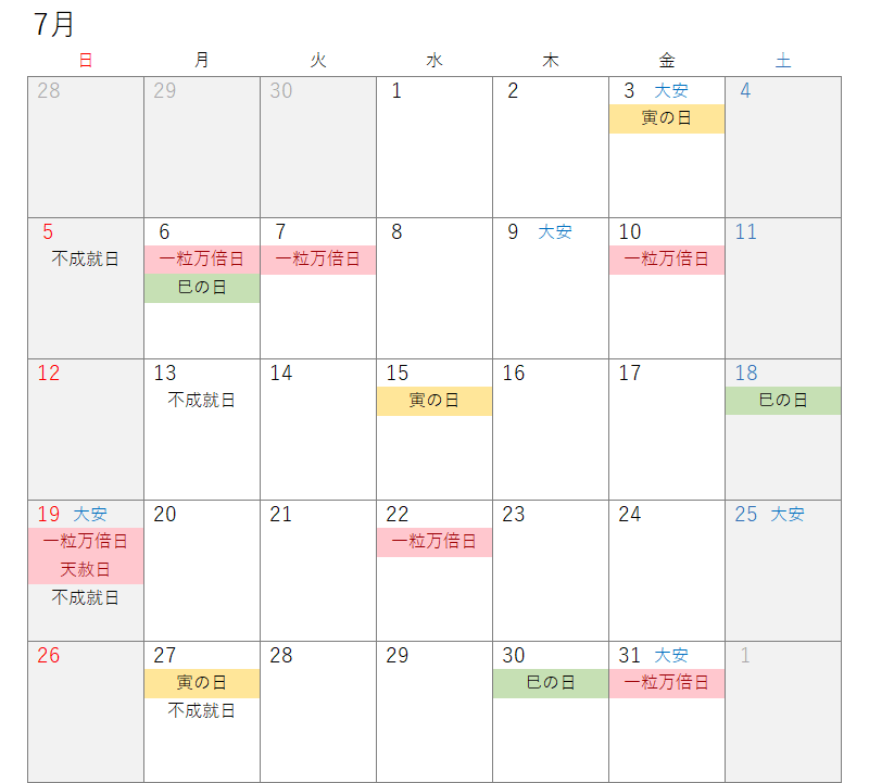 2026年7月開運カレンダー