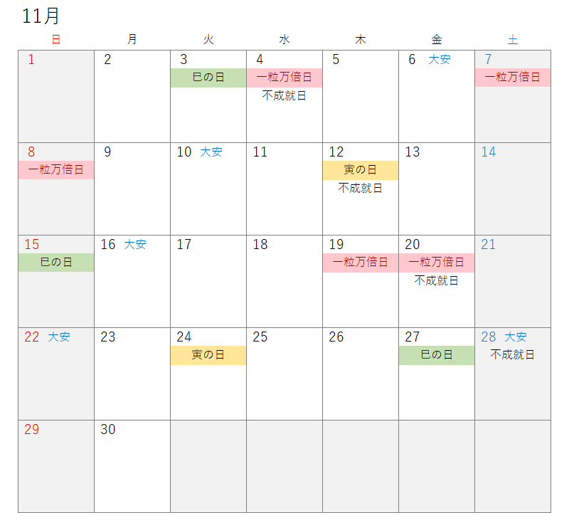 2026年11月開運カレンダー
